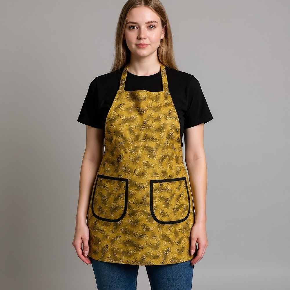 Handmade Butterfly Floral Bib Apron Green Yellow‎ Pockets Adjustable Neck Tie